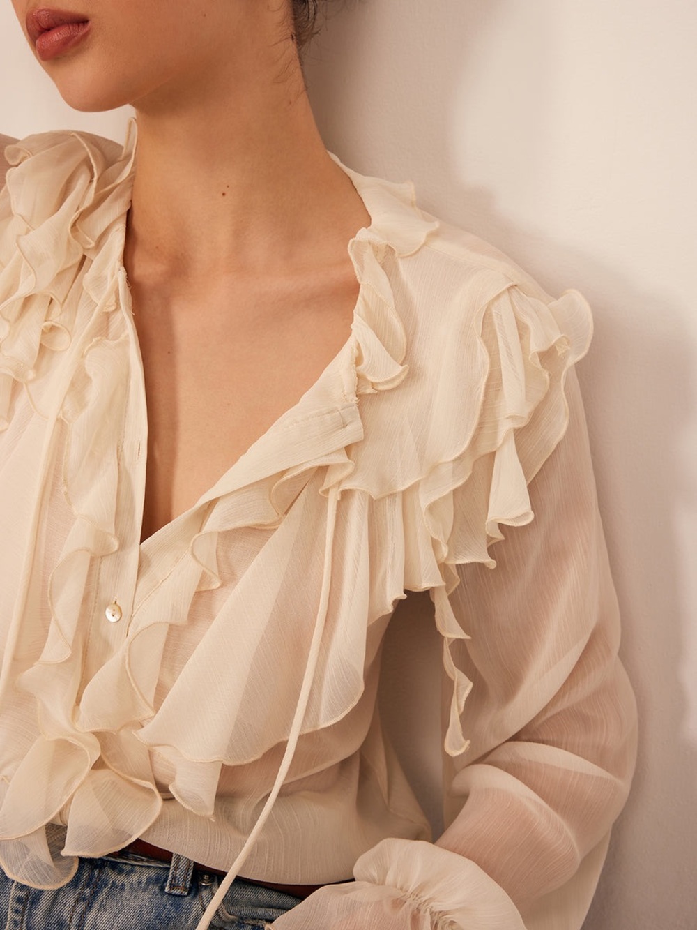 Commense Semi-Sheer Ruffle Chiffon Breasted Blouse - Picture 3 of 7
